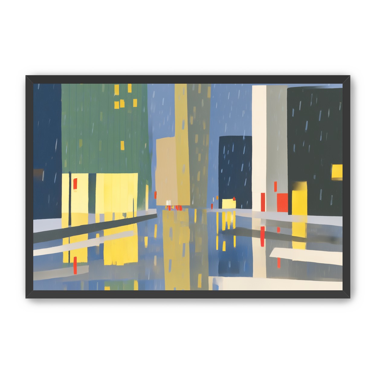 Yellow windows on wet blue street