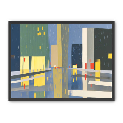 Yellow windows on wet blue street
