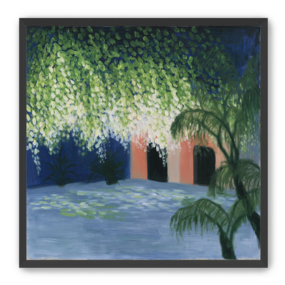 Doorway under falling blossoms