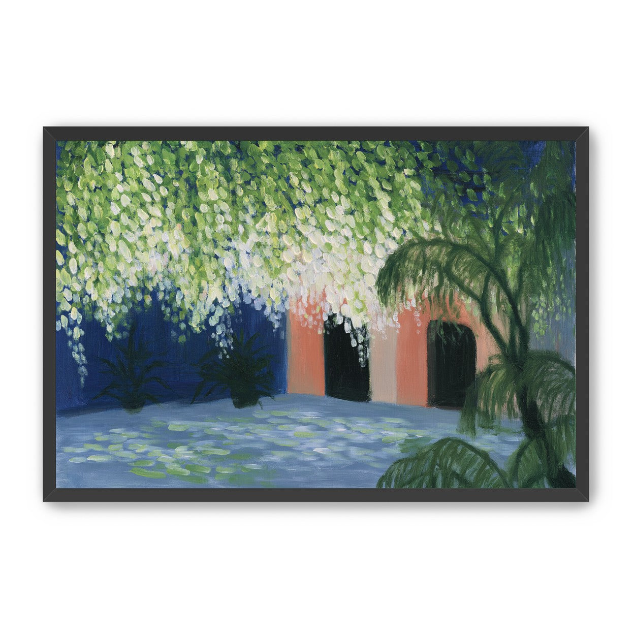 Doorway under falling blossoms