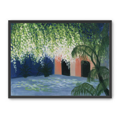 Doorway under falling blossoms
