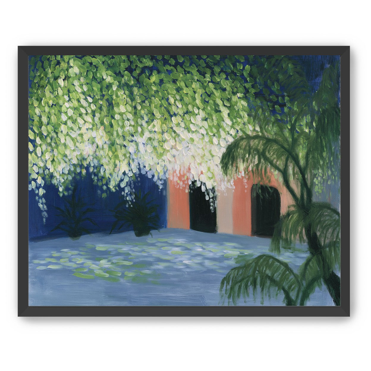 Doorway under falling blossoms