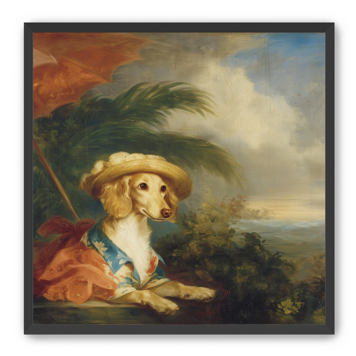 Red parasol over seaside dog