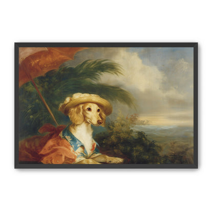 Red parasol over seaside dog
