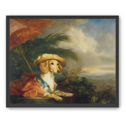 Red parasol over seaside dog