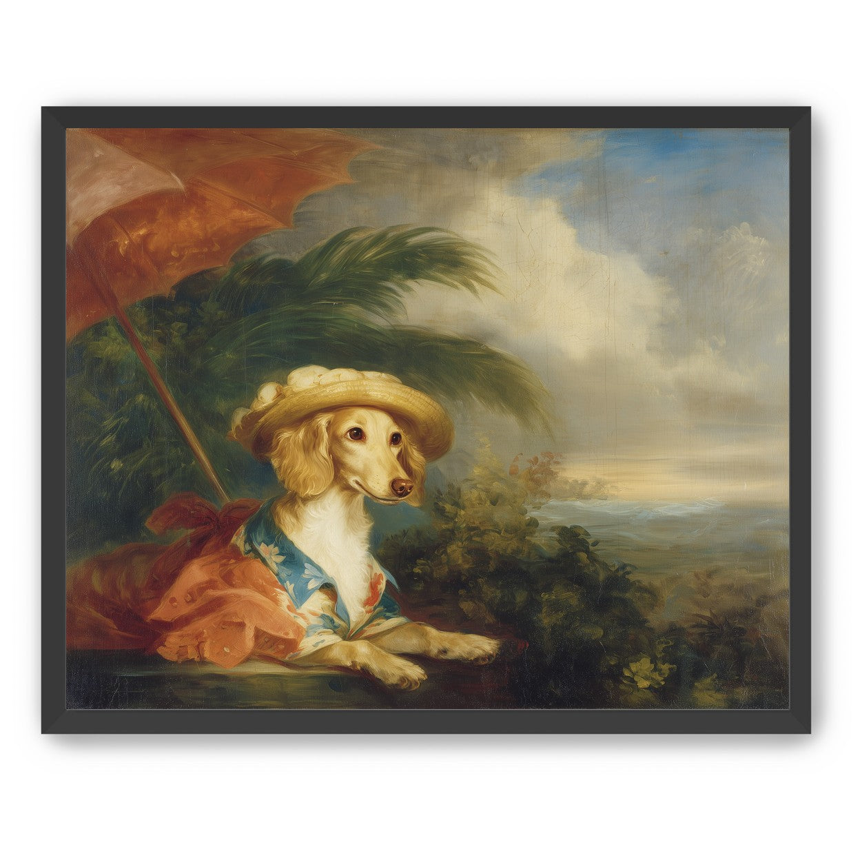 Red parasol over seaside dog