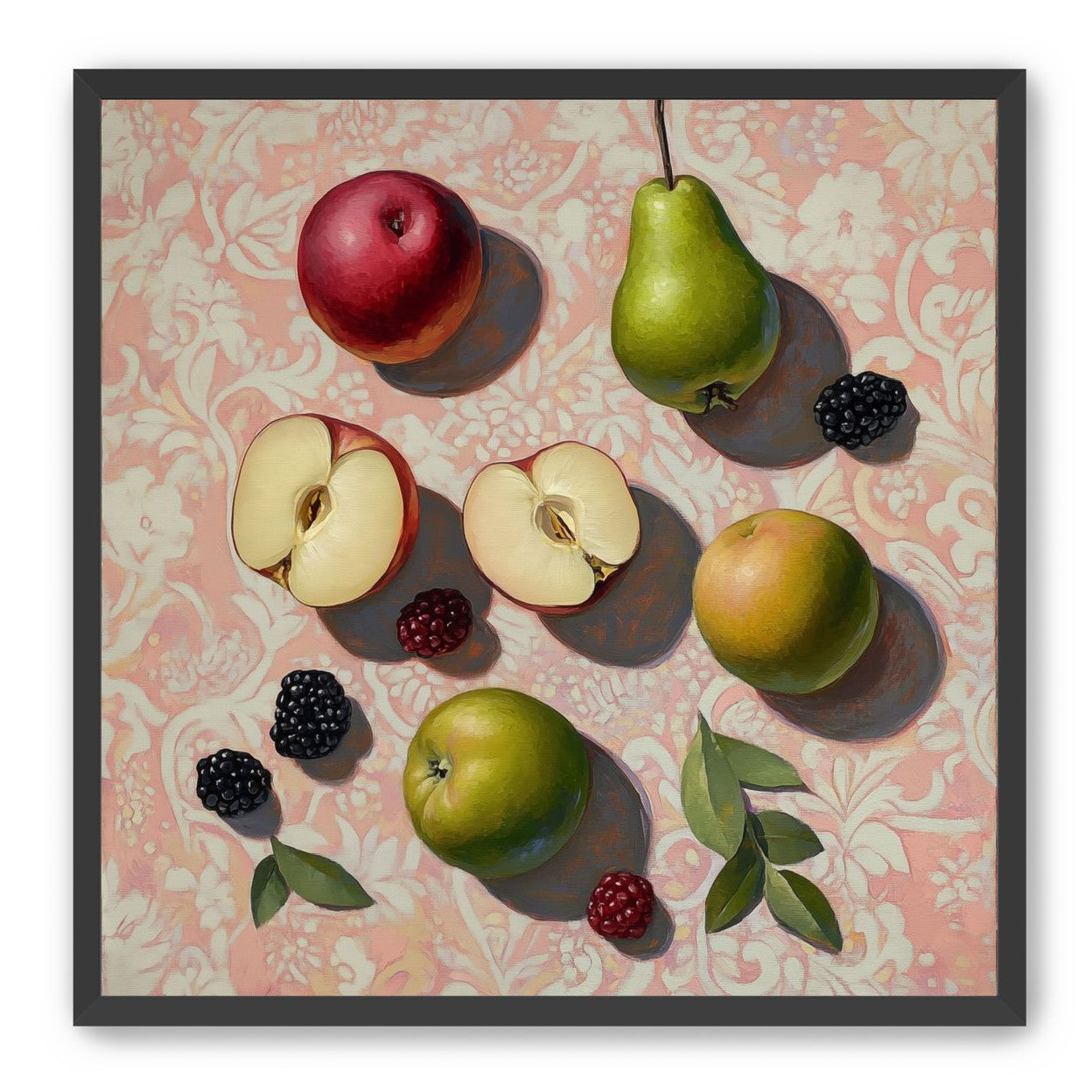 Apples, Pear, and Berries on Floral Fabric