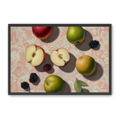 Apples, Pear, and Berries on Floral Fabric