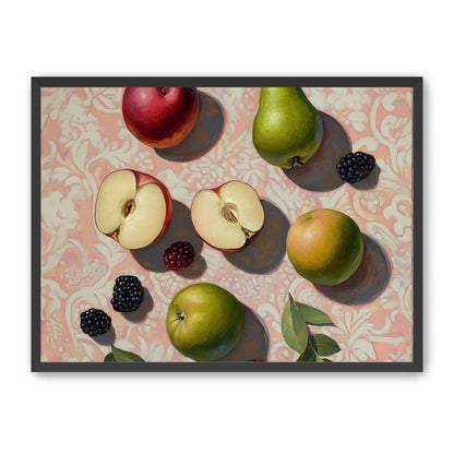 Apples, Pear, and Berries on Floral Fabric