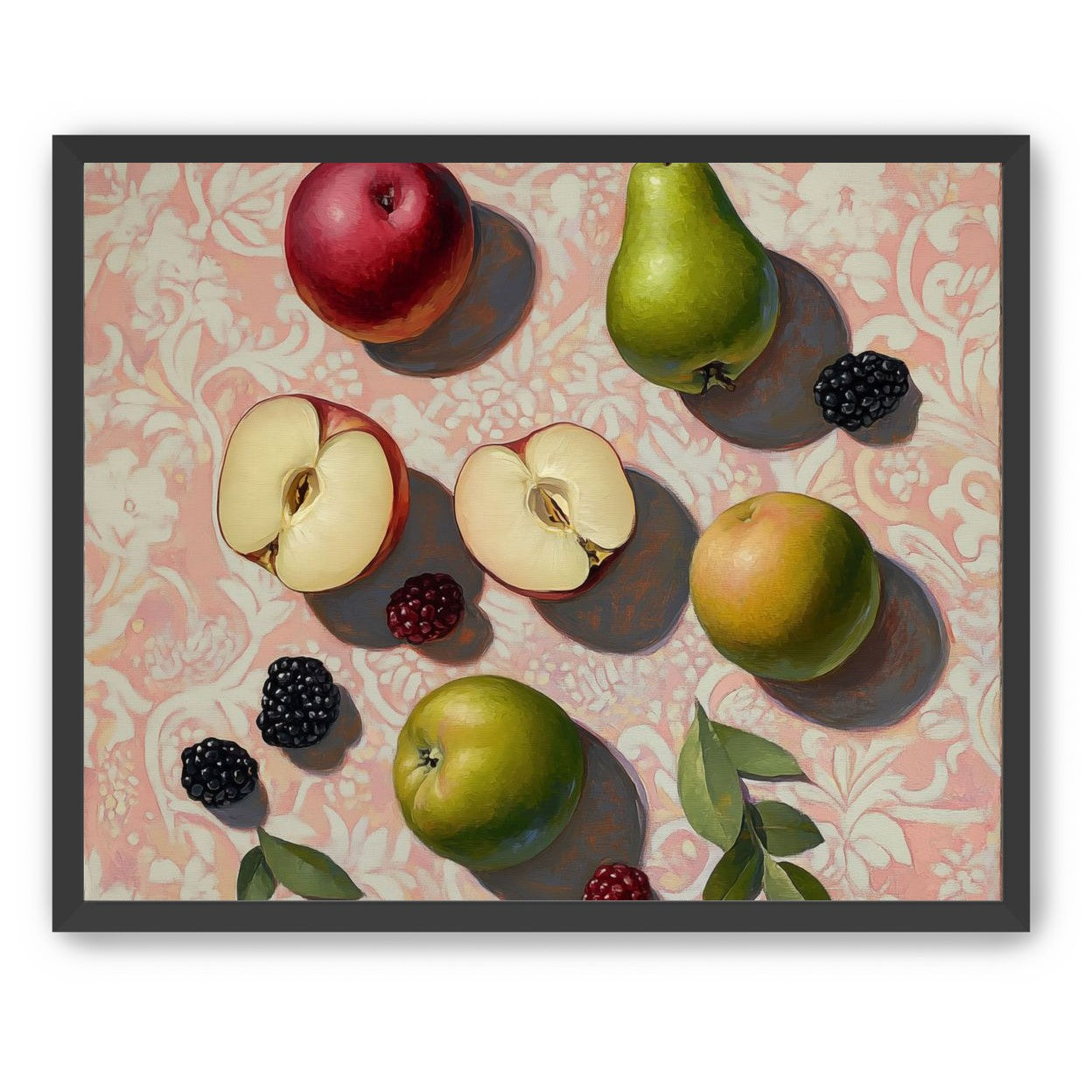 Apples, Pear, and Berries on Floral Fabric