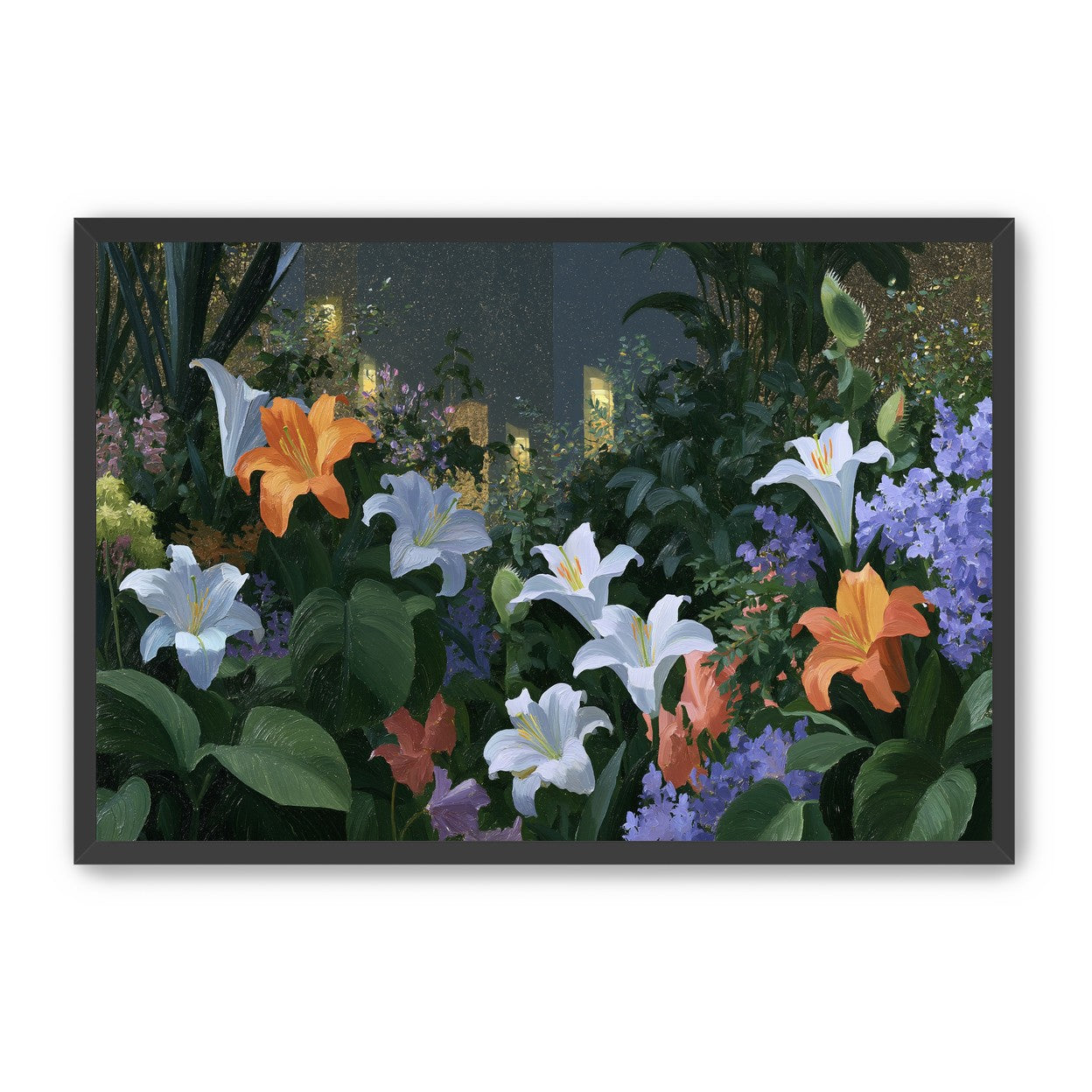 Lit windows beyond the lilies