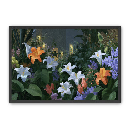 Lit windows beyond the lilies