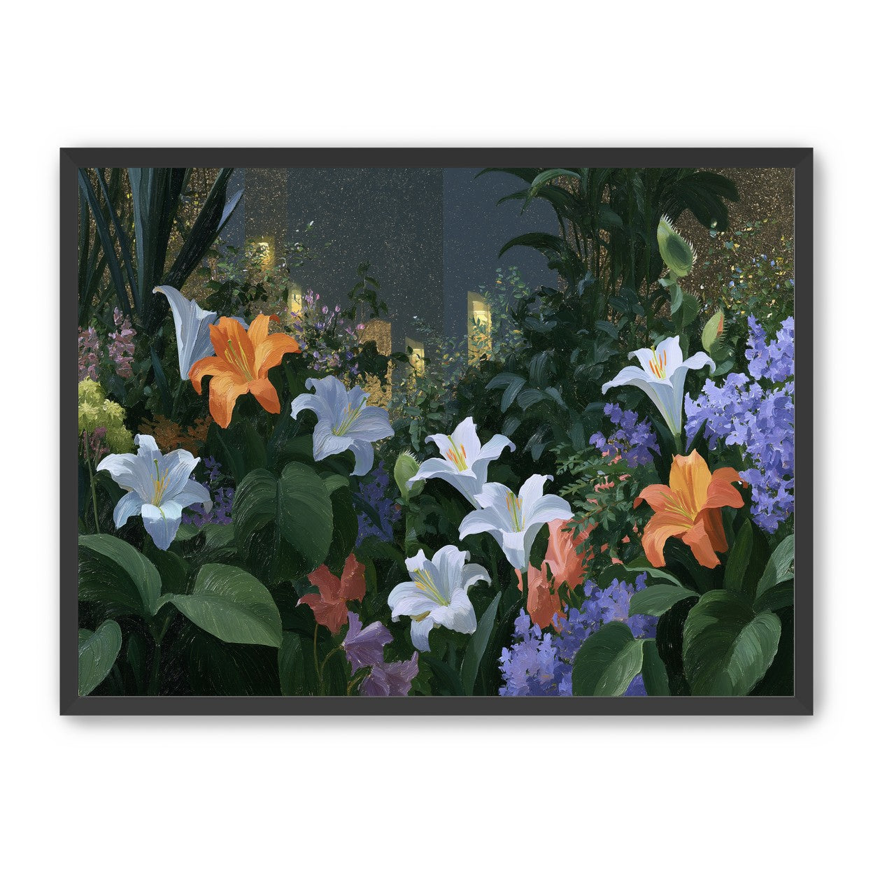 Lit windows beyond the lilies