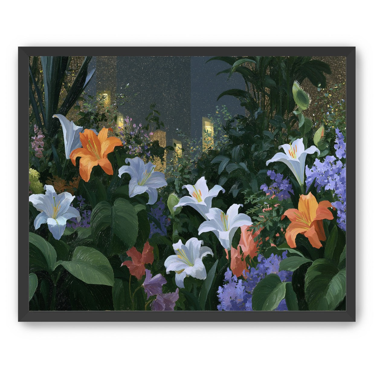 Lit windows beyond the lilies