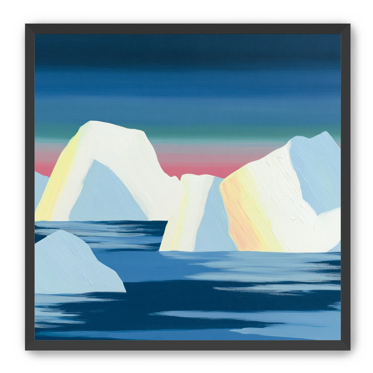 Icebergs under a pink banded sky