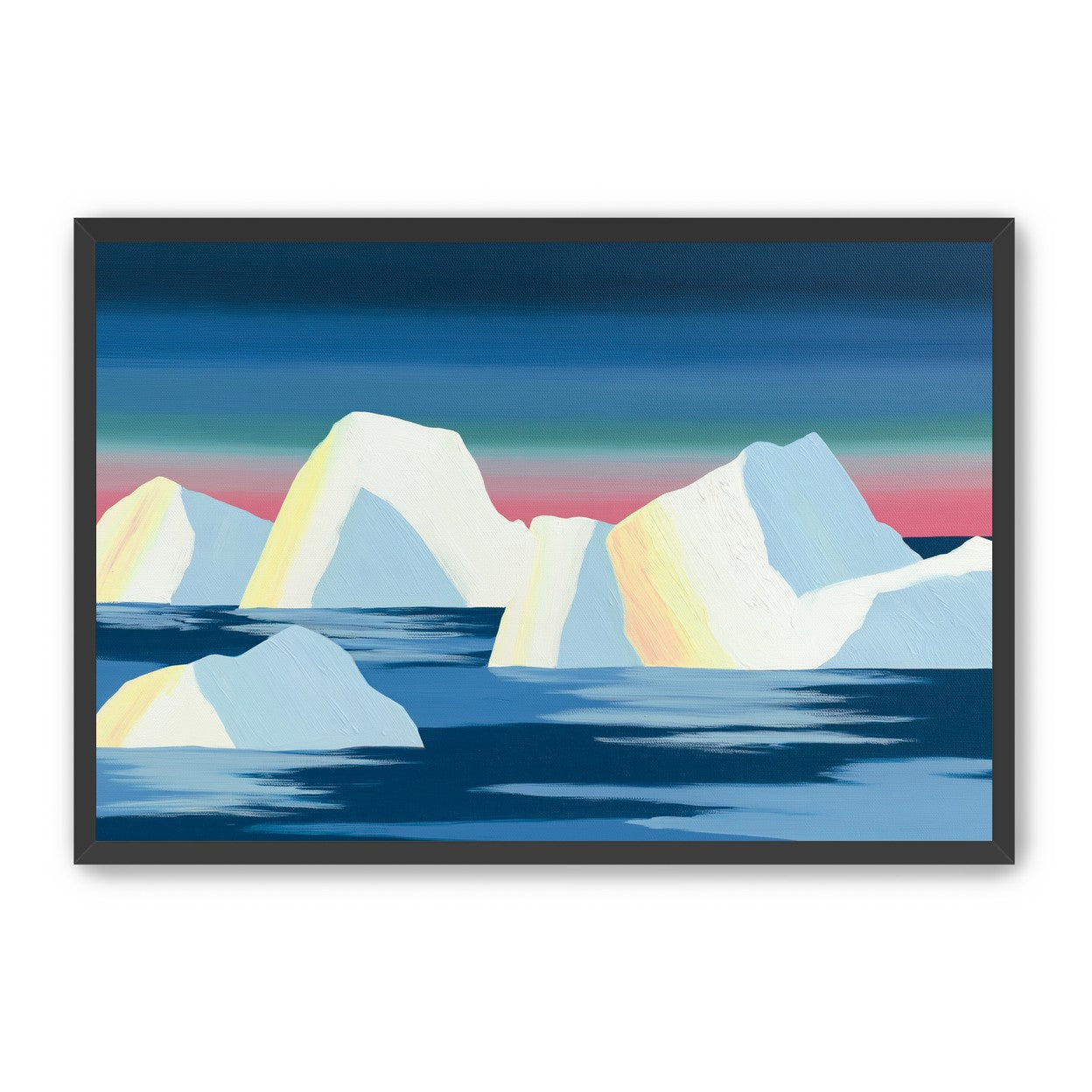 Icebergs under a pink banded sky