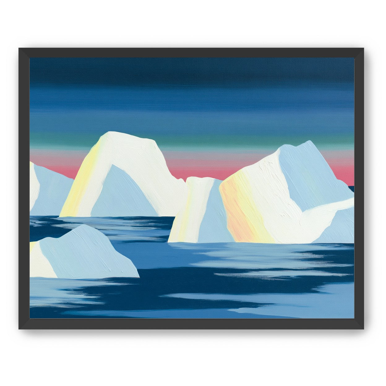 Icebergs under a pink banded sky