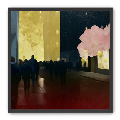 Crowd beneath the glowing wall