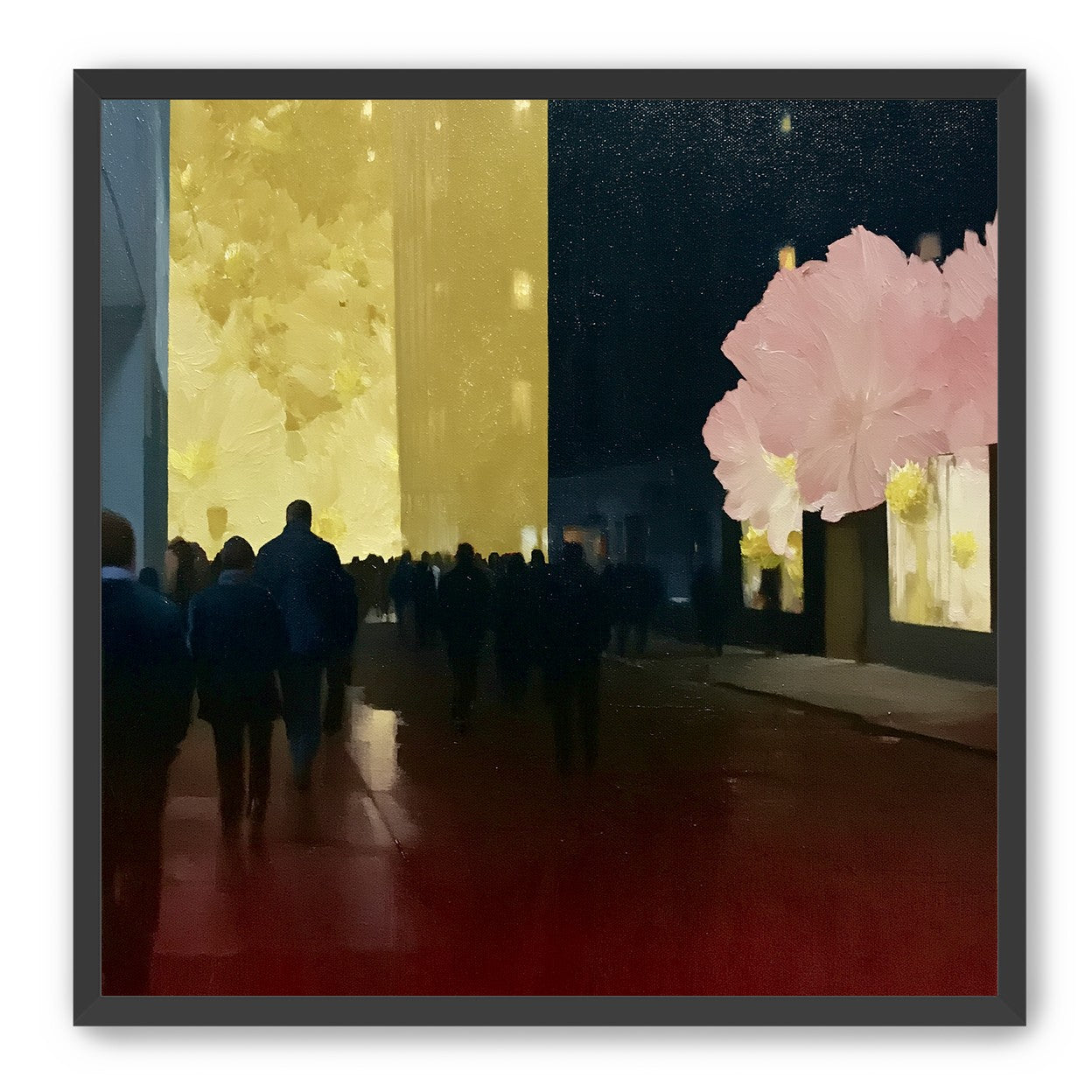 Crowd beneath the glowing wall