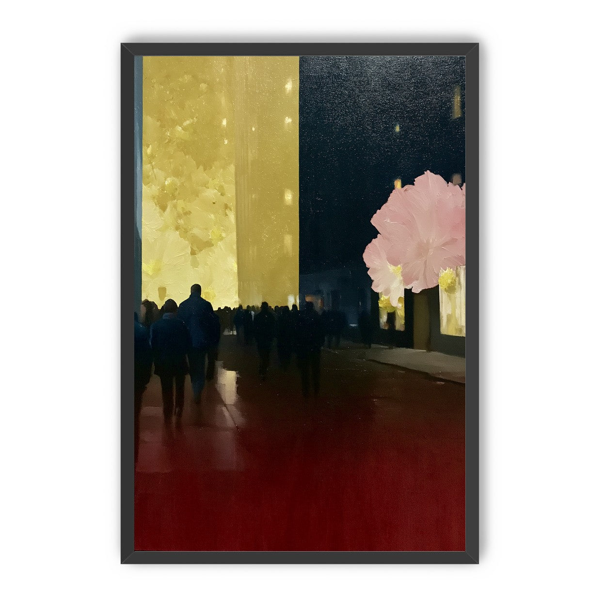 Crowd beneath the glowing wall