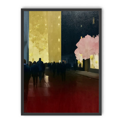 Crowd beneath the glowing wall