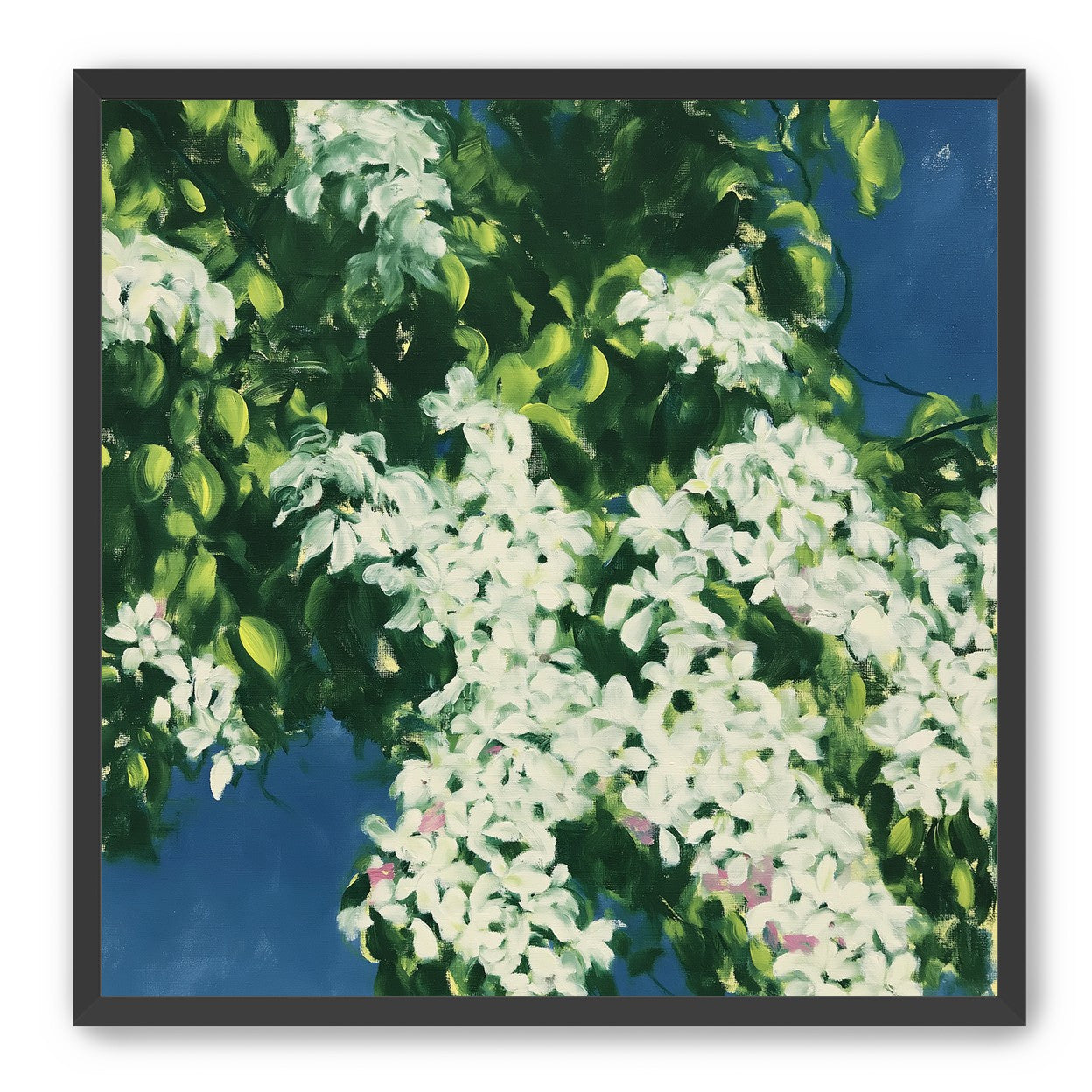 White blossoms on blue field