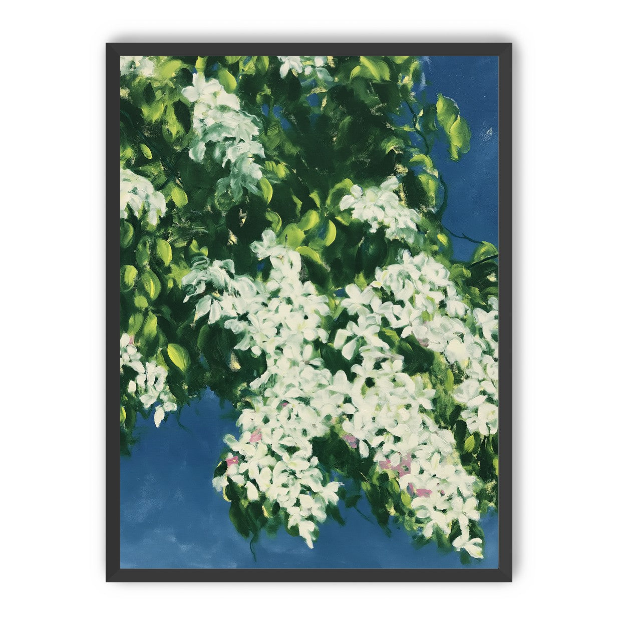 White blossoms on blue field
