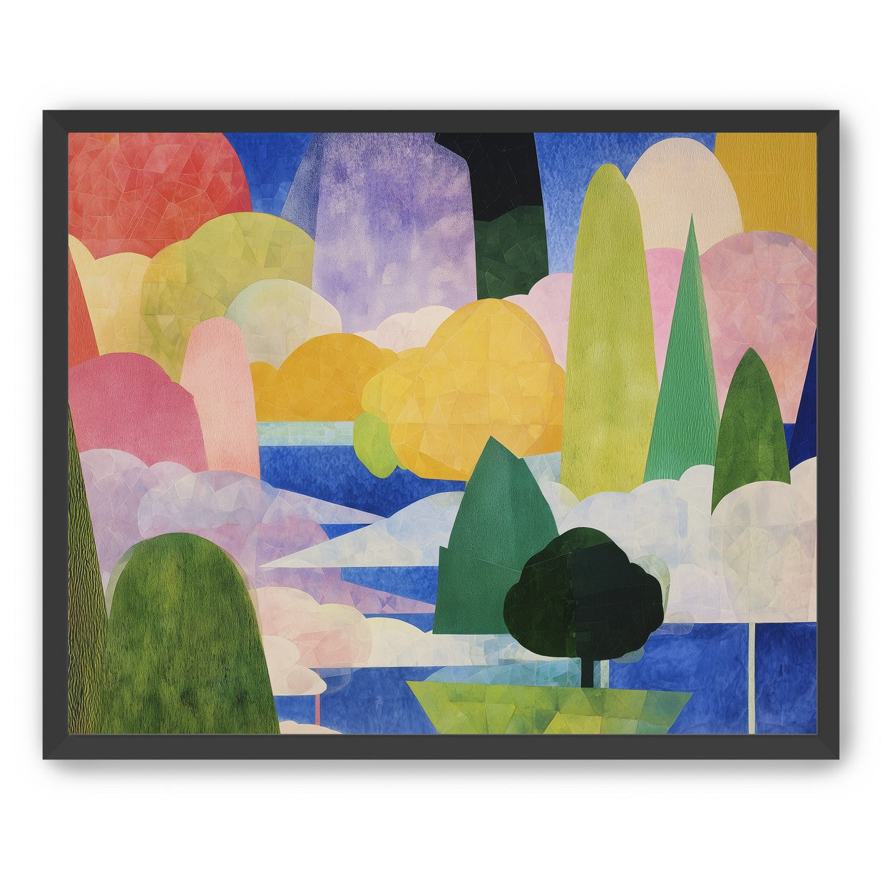 Tall trees over blue water