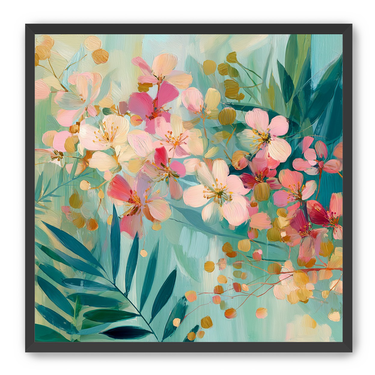 Blossoms over teal leaves