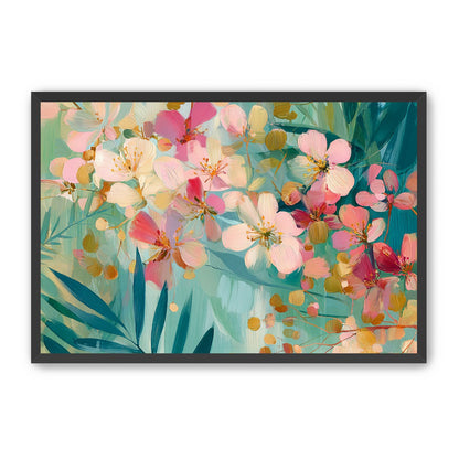 Blossoms over teal leaves