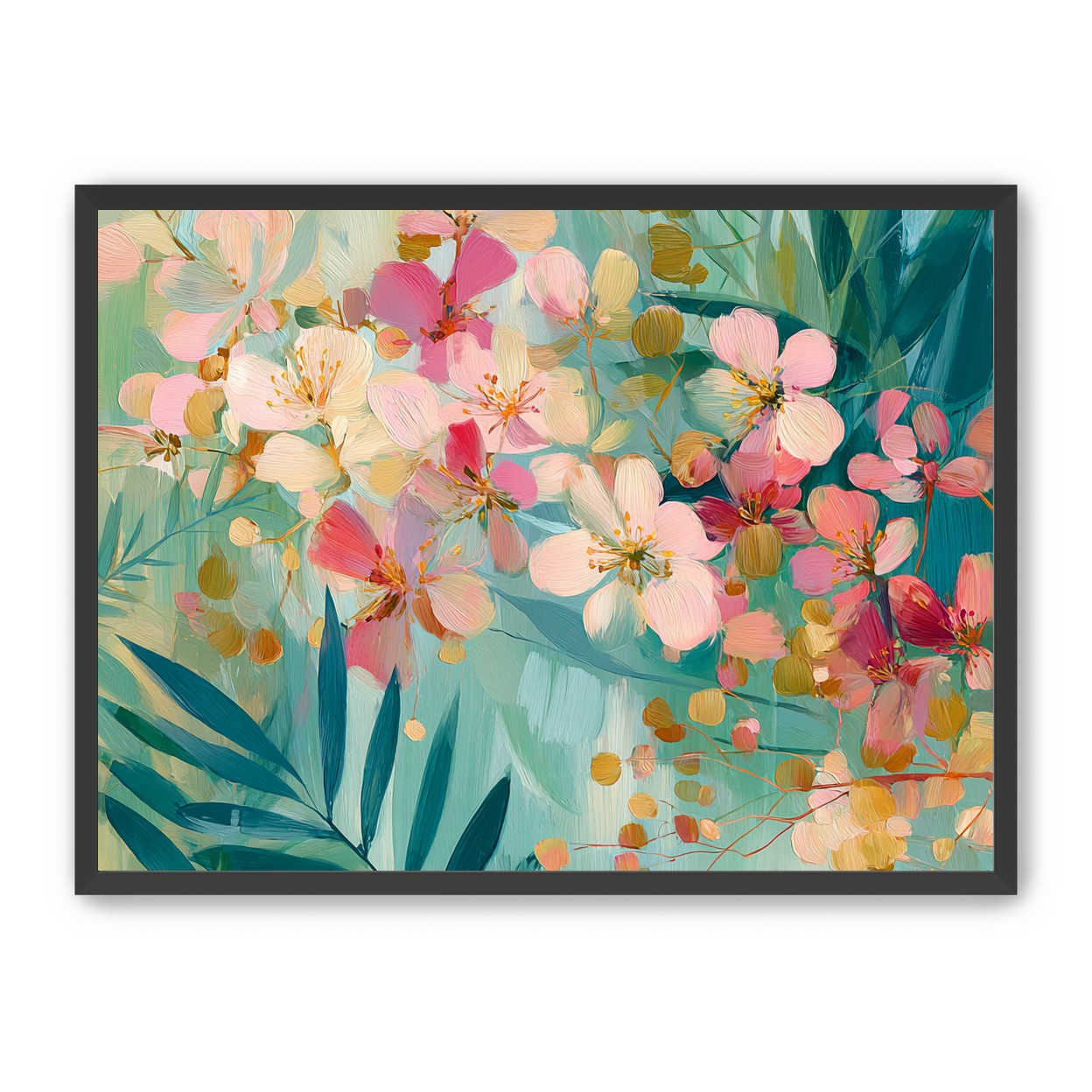 Blossoms over teal leaves