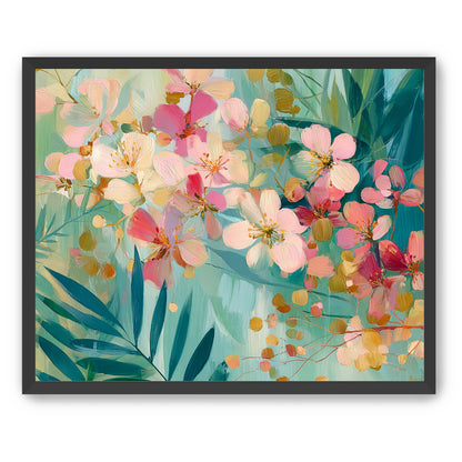 Blossoms over teal leaves