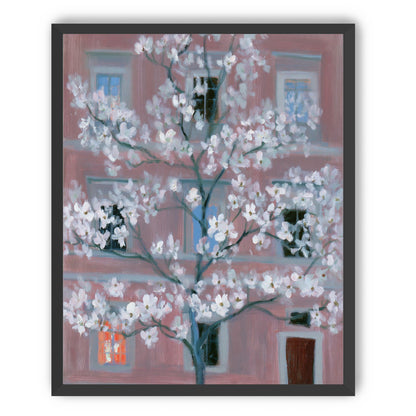 White blossoms against the pink house