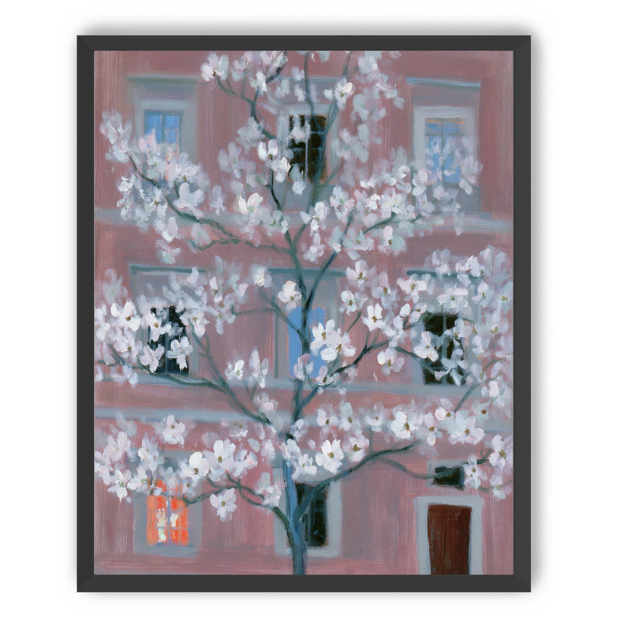 White blossoms against the pink house