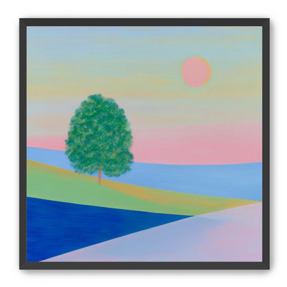 Pink sun over striped hills