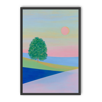 Pink sun over striped hills