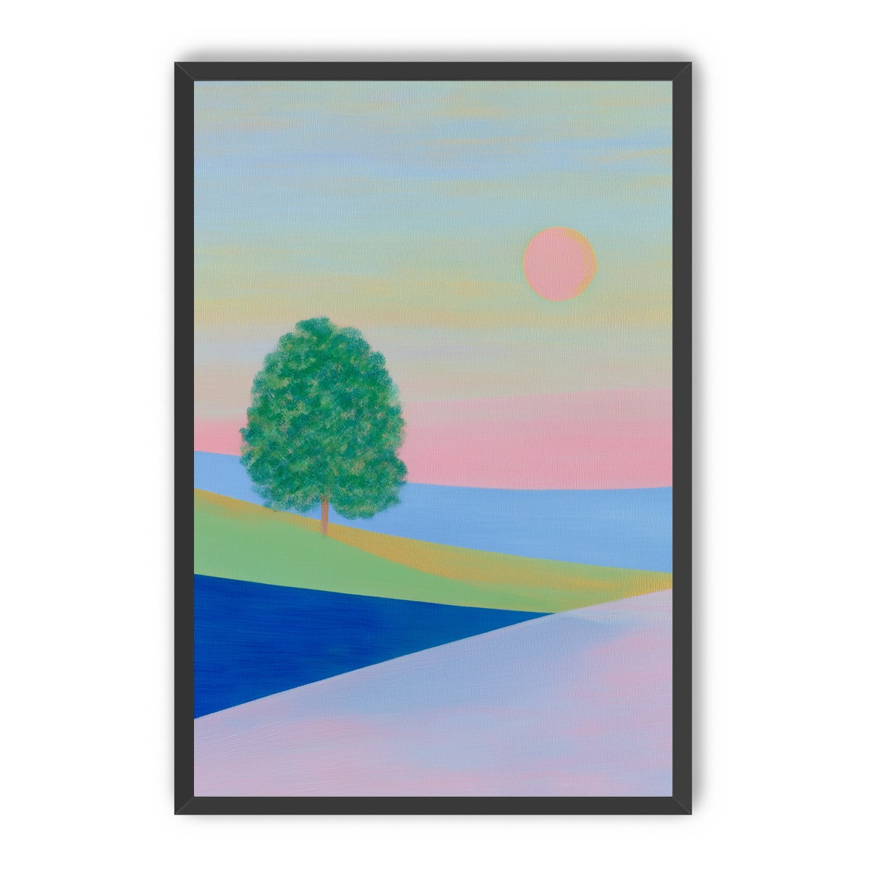 Pink sun over striped hills