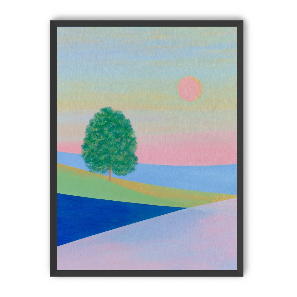 Pink sun over striped hills