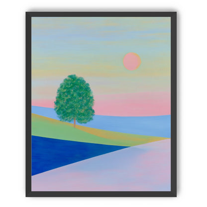 Pink sun over striped hills