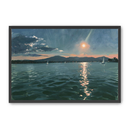 Peach sun on blue water