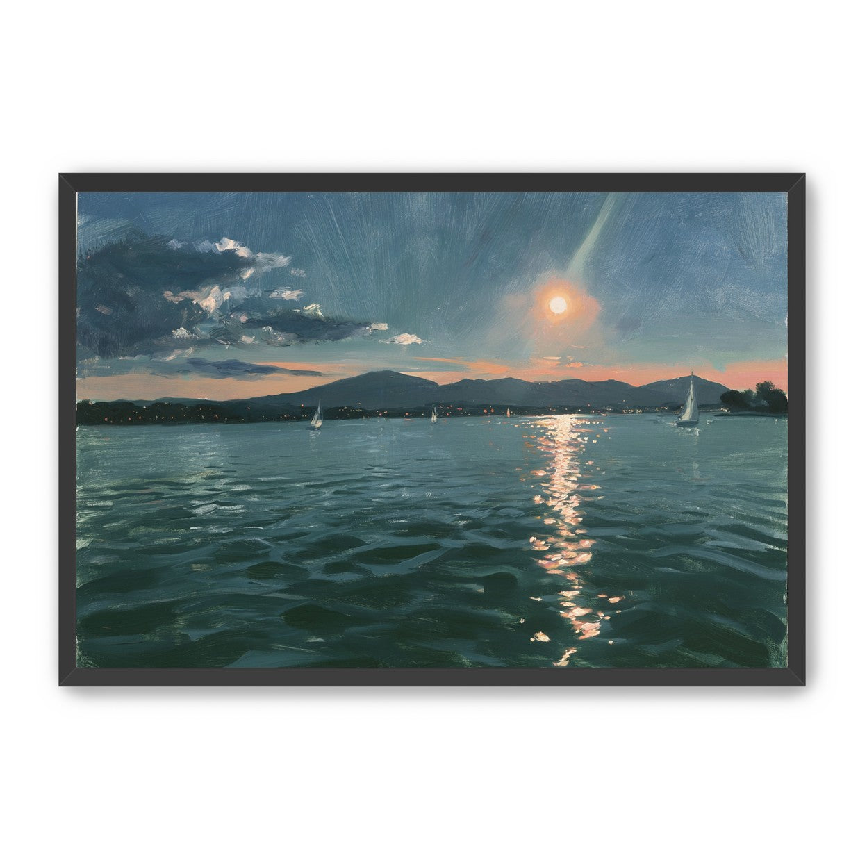 Peach sun on blue water