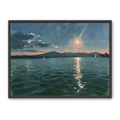 Peach sun on blue water