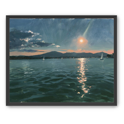 Peach sun on blue water