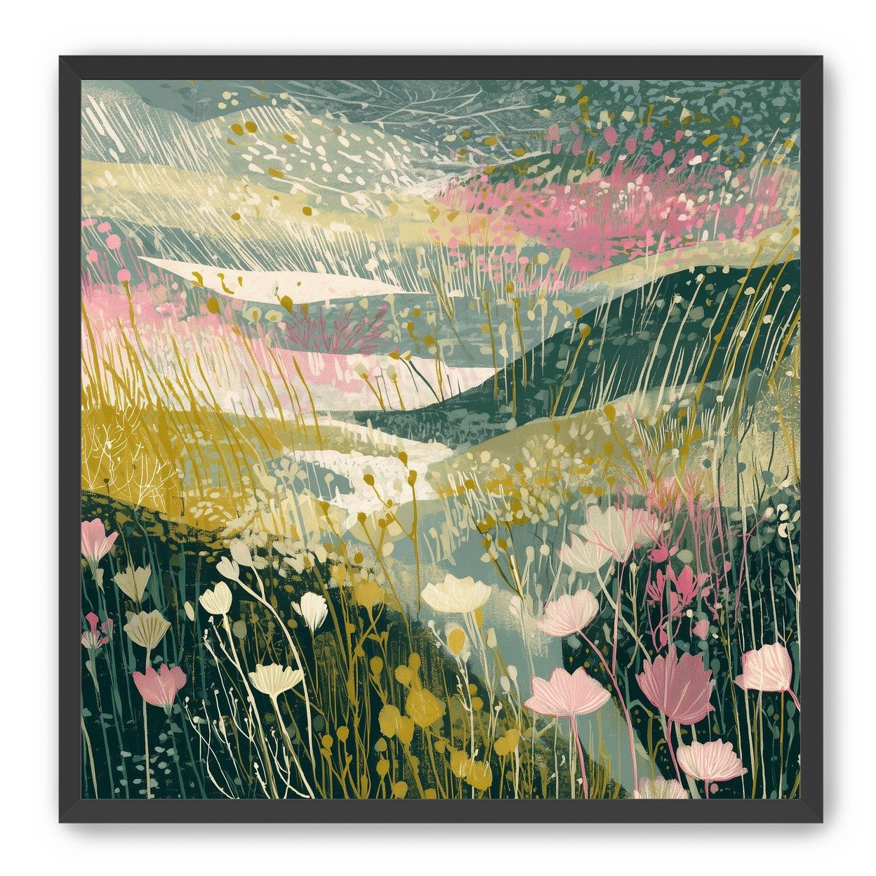 Wildflowers across layered hills