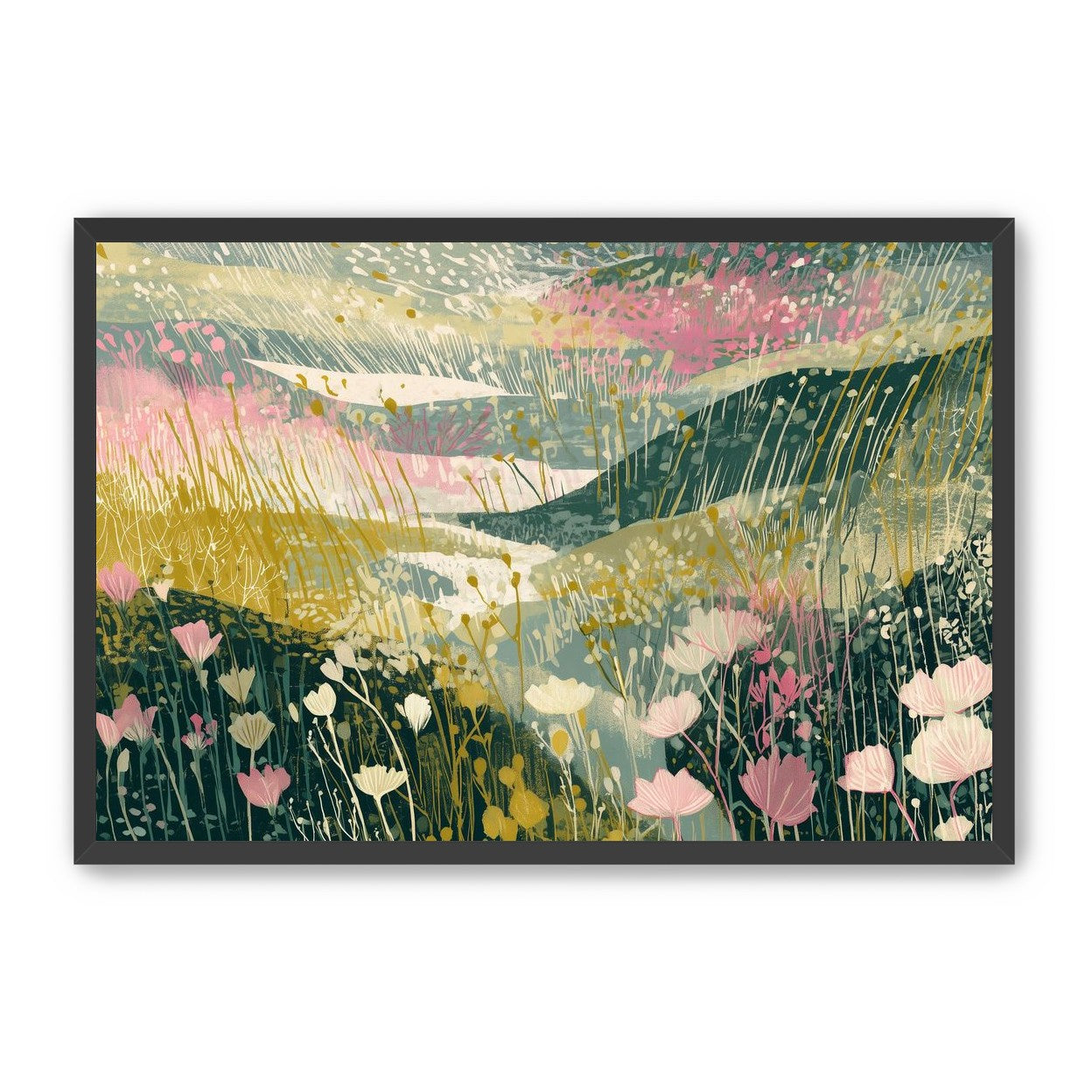 Wildflowers across layered hills