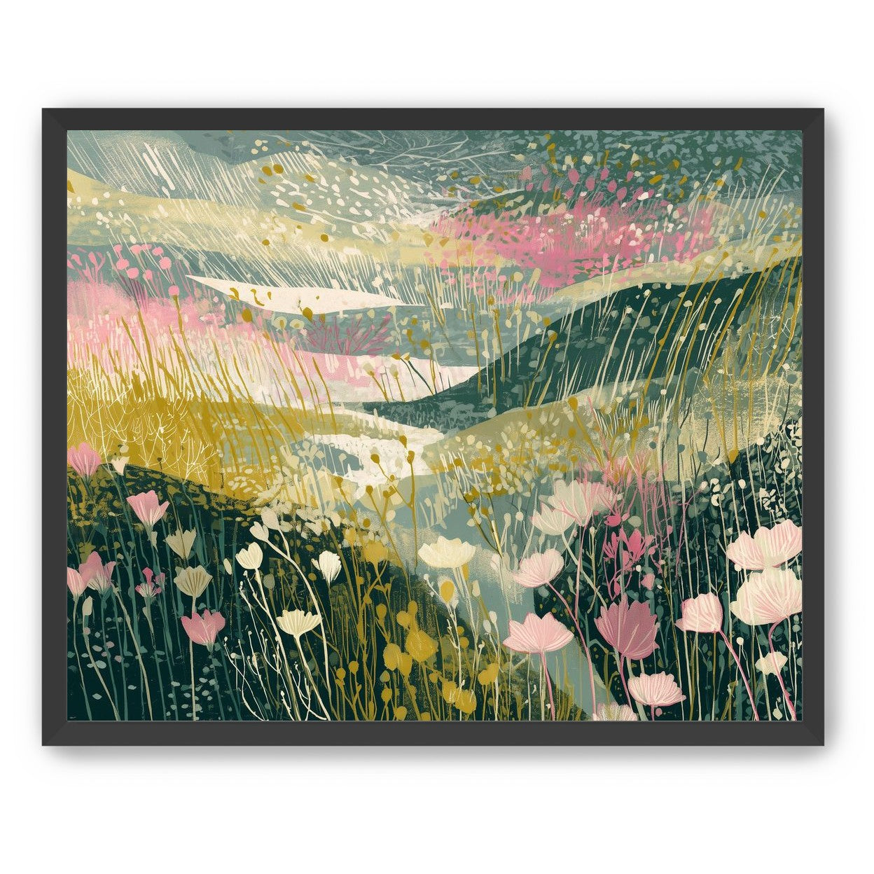 Wildflowers across layered hills