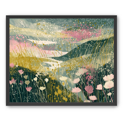 Wildflowers across layered hills