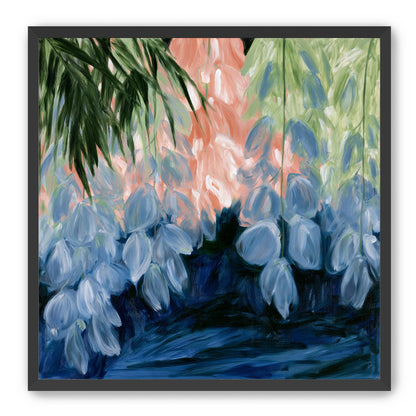 Blue flowers under green leaves