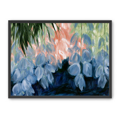 Blue flowers under green leaves
