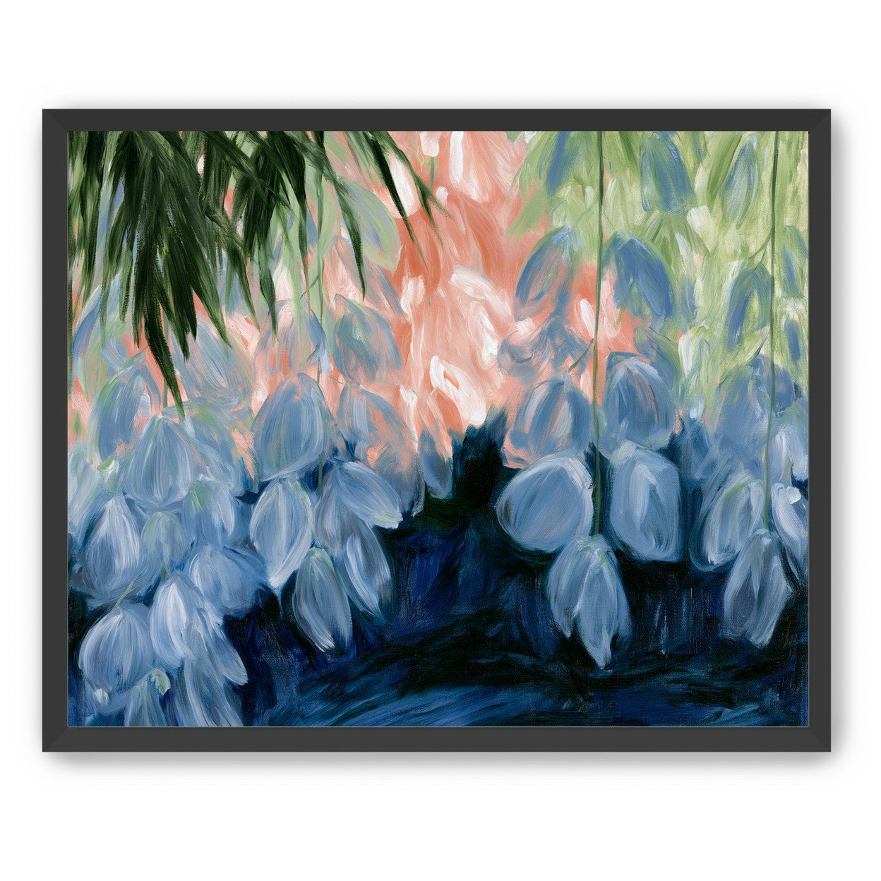 Blue flowers under green leaves